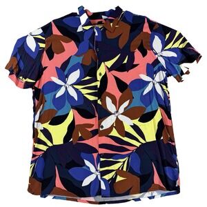 Mens Express Button Up Shirt Short Sleeve Floral Multicolor Print Leaves Sz L